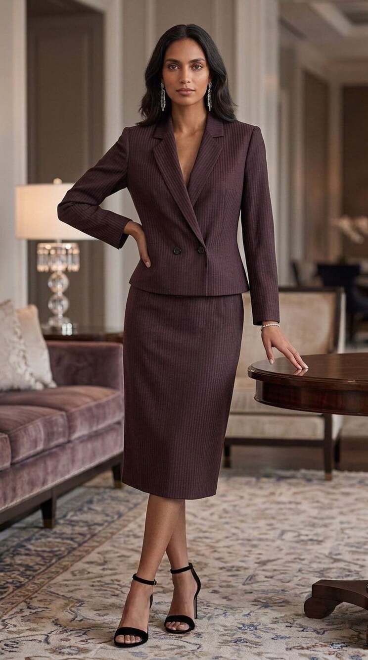 Baronesa Burgundy Pinstripe Skirt Suit Set